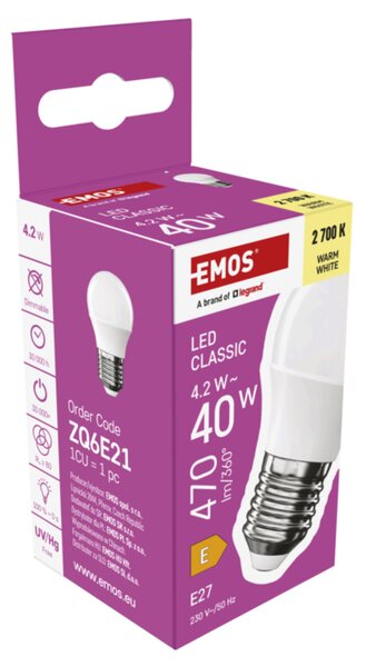 LED žárovka ZQ6E21 E27, 4,2W, teplá bílá