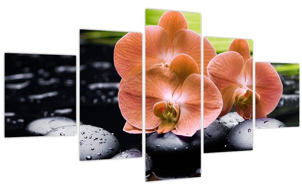 Obraz - Oranžová orchidej s palmovými listy (125x70 cm)