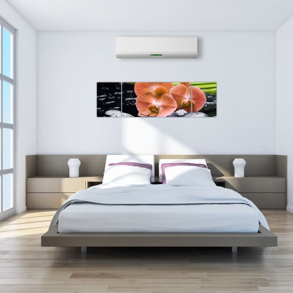 Obraz - Oranžová orchidej s palmovými listy (170x50 cm)