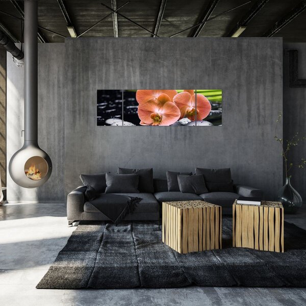 Obraz - Oranžová orchidej s palmovými listy (170x50 cm)