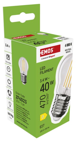 LED žárovka filament ZF6D23 E27, 3,4W, neutrální bílá