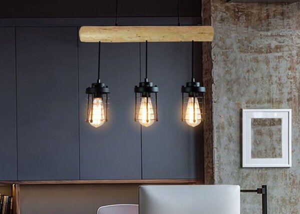Závěsné svítidlo H82 industrial, klietka 3 74208 - kov / dřevo - Černá