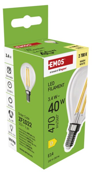 LED žárovka filament ZF1D22 E14, 3,4W, teplá bílá