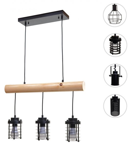 Závěsné svítidlo H82 industrial, klietka 3 74208 - kov / dřevo - Černá