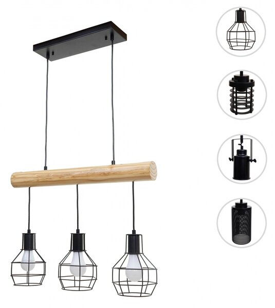 Závěsné svítidlo H82 industrial, mrížka 3 74207 - kov / dřevo - Černá