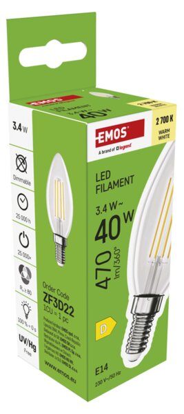 LED žárovka filament ZF3D22 E14, 3,4W, teplá bílá