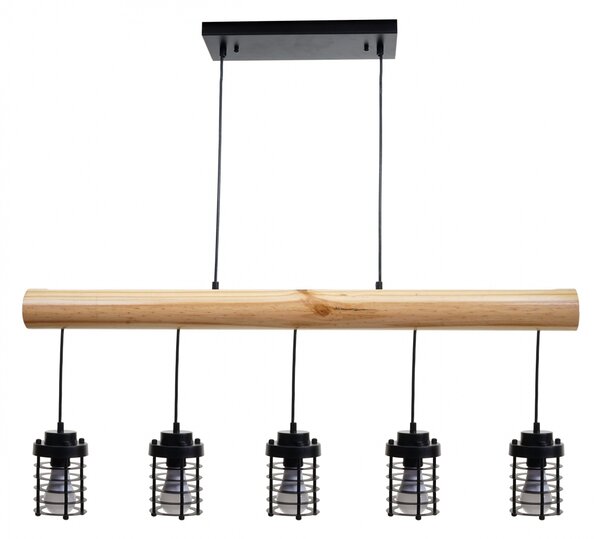 Závěsné svítidlo H82 industrial, klec 5 74213 - kov / dřevo - Černá
