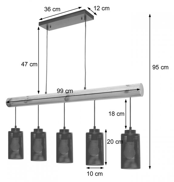 Závěsné svítidlo H82 industrial, tube 5 74215 - kov / dřevo - Černá