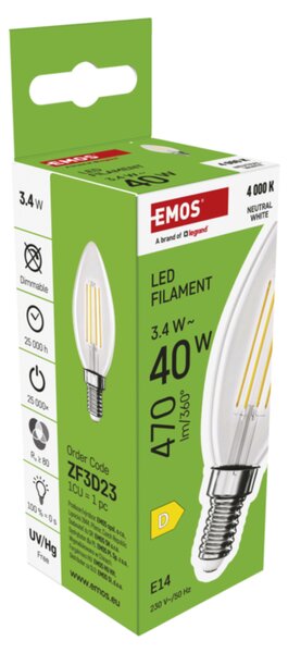 LED žárovka filament ZF3D23 E14, 3,4W, neutrální bílá
