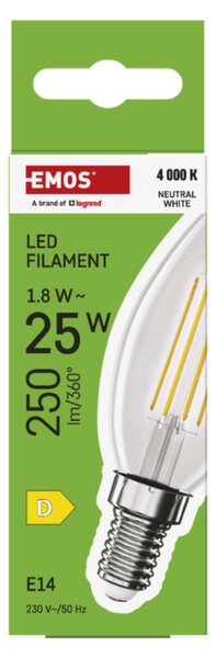 LED žárovka filament ZF3D03 E14, 1,8W, neutrální bílá