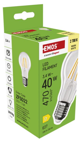 LED žárovka filament ZF5D22 E27, 3,4W, teplá bílá