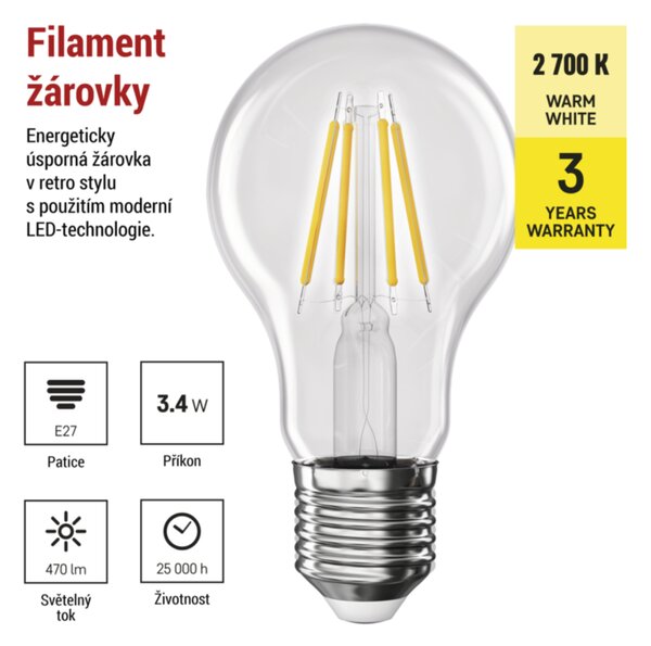 LED žárovka filament ZF5D22 E27, 3,4W, teplá bílá