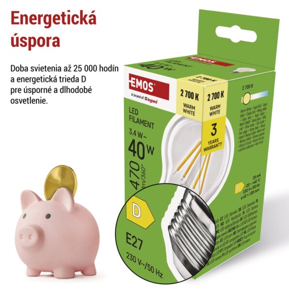 LED žárovka filament ZF5D22 E27, 3,4W, teplá bílá