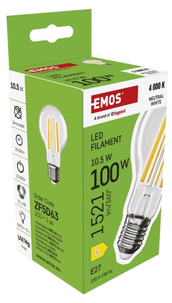 LED žárovka filament ZF5D63 E27, 10,5W, neutrální bílá