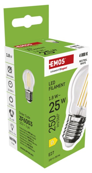 LED žárovka filament ZF6D03 E27, 1,8W, neutrální bílá