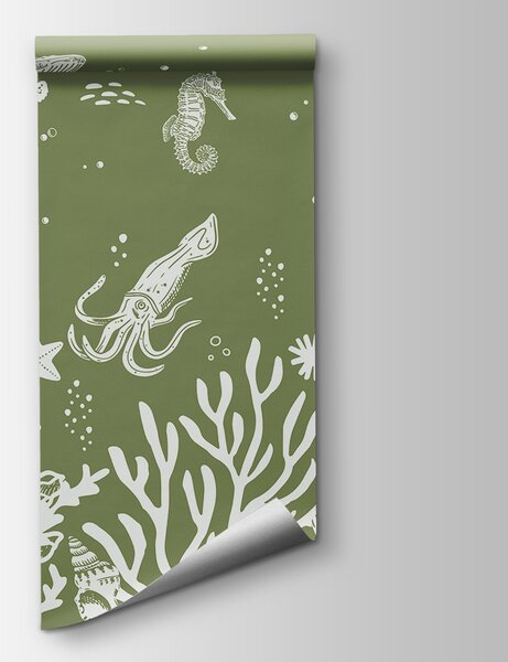 Fototapeta Kresba mořského života na zeleném pozadí, Mořské fototapety, Populární fototapety, w00850v2 - Tapeko.co.cz