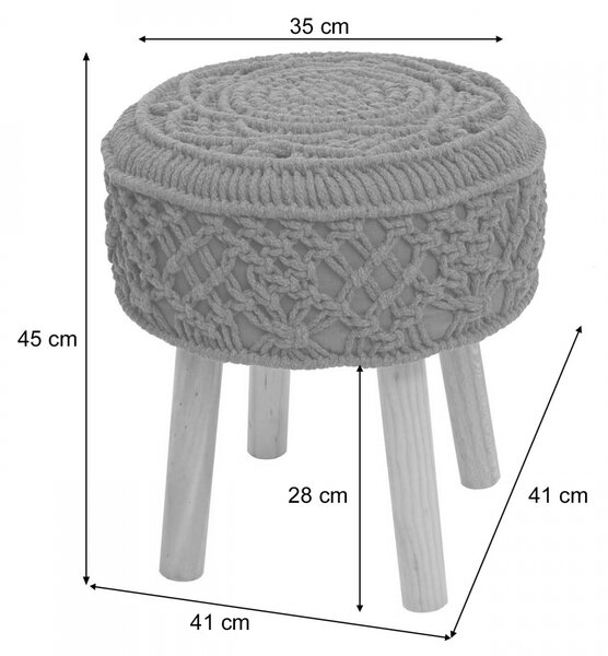Taburetka J43 80482 - macrame, látka / dřevo, 45 x 41cm - Tmavě šedá