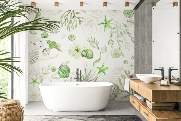 Fototapety Akvarel mořský vzor, boho styl, mušle, korály, bavlna, zelené barvy, Fototapety 3D, Fototapety 3d listí, w00851v2 : uwalls.cz