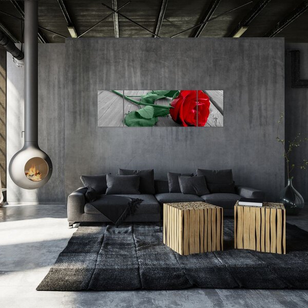 Obraz - Červená růže se zeleným stonkem (170x50 cm)