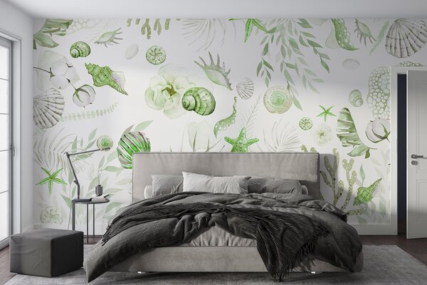 Fototapety Akvarel mořský vzor, boho styl, mušle, korály, bavlna, zelené barvy, Fototapety 3D, Fototapety 3d listí, w00851v2 : uwalls.cz
