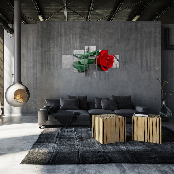 Obraz - Červená růže se zeleným stonkem (125x70 cm)