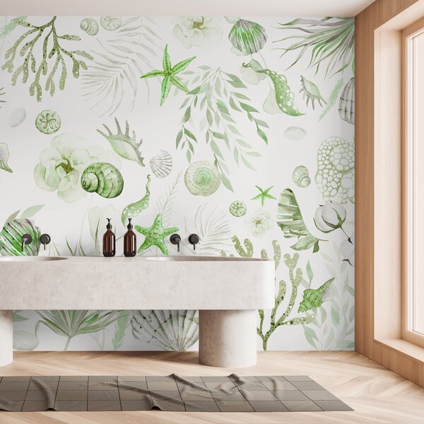 Fototapety Akvarel mořský vzor, boho styl, mušle, korály, bavlna, zelené barvy, Fototapety 3D, Fototapety 3d listí, w00851v2 : uwalls.cz