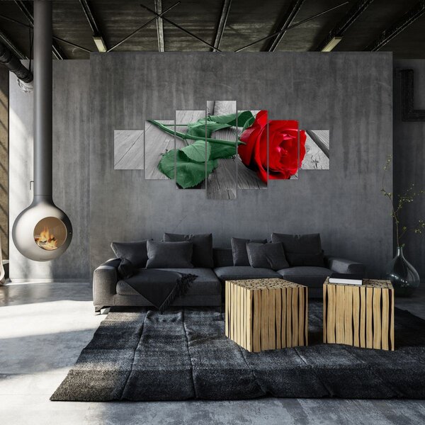 Obraz - Červená růže se zeleným stonkem (210x100 cm)