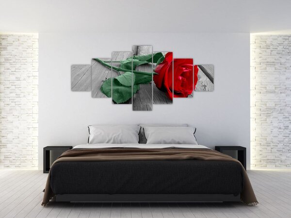 Obraz - Červená růže se zeleným stonkem (210x100 cm)