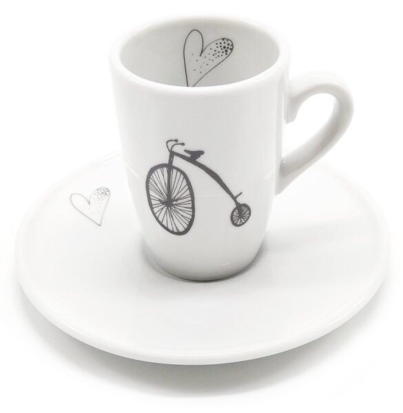 Porcelánový espresso šálek Srdeční záležitost Retro kolo, bílý, s podšálkem, český design, 130 ml