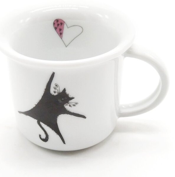 Porcelánový moka hrnek Srdeční záležitost Visící kočka, bílý, český design, perokresba, 100 ml