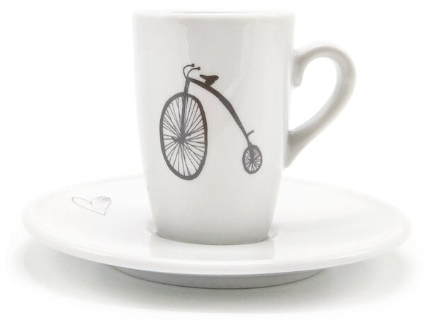 Porcelánový espresso šálek Srdeční záležitost Retro kolo, bílý, s podšálkem, český design, 130 ml