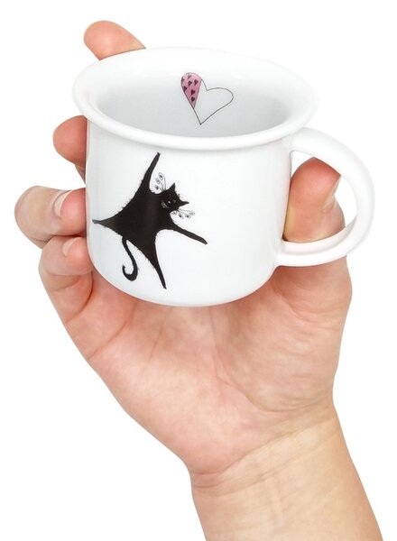 Porcelánový moka hrnek Srdeční záležitost Visící kočka, bílý, český design, perokresba, 100 ml