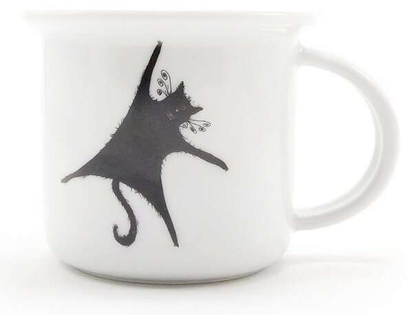 Porcelánový moka hrnek Srdeční záležitost Visící kočka, bílý, český design, perokresba, 100 ml