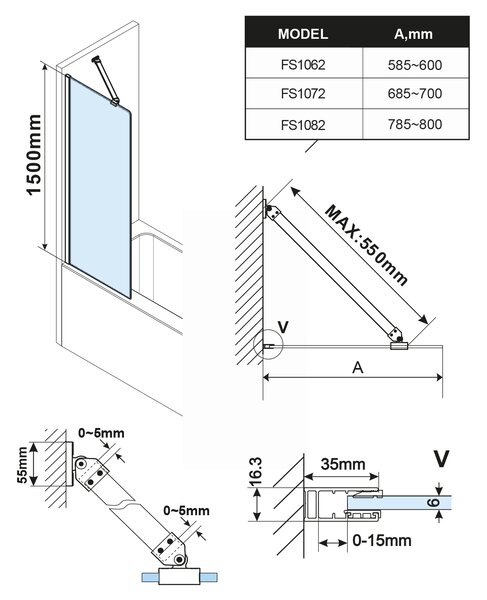 Polysan Polysan, FISA vanová zástěna 600x1500mm, mm, chrom, čiré sklo, FS1062-C