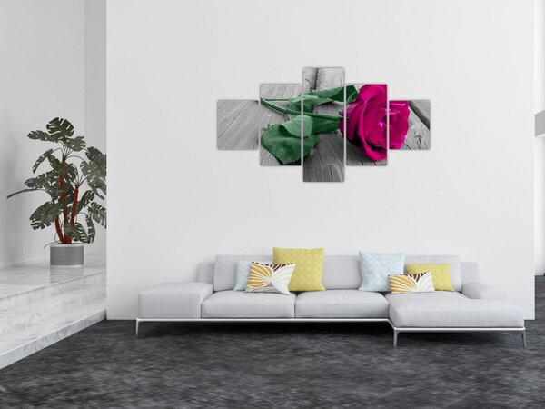Obraz - Růžová růže se zeleným stonkem (125x70 cm)