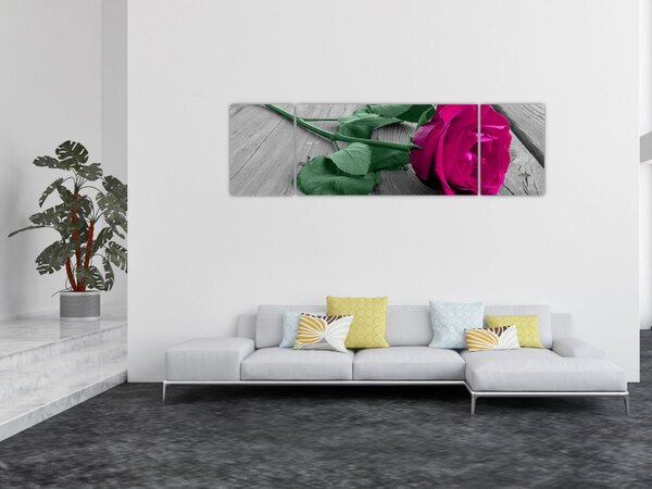 Obraz - Růžová růže se zeleným stonkem (170x50 cm)