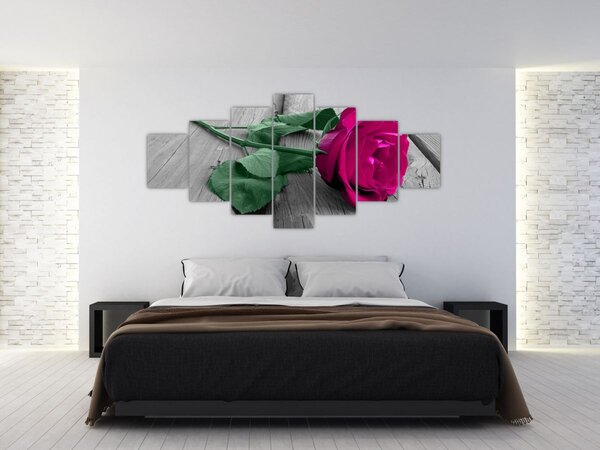 Obraz - Růžová růže se zeleným stonkem (210x100 cm)