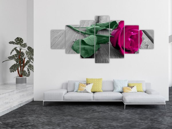 Obraz - Růžová růže se zeleným stonkem (210x100 cm)
