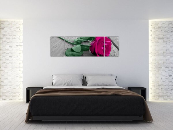 Obraz - Růžová růže se zeleným stonkem (170x50 cm)