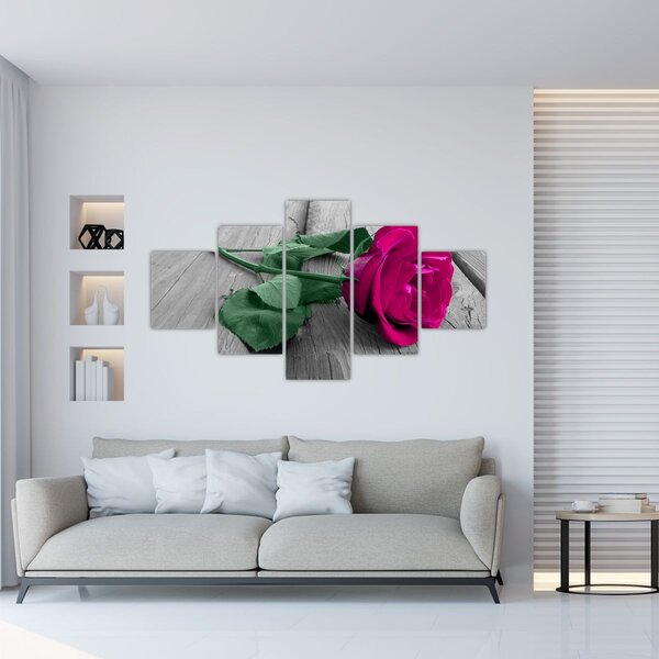 Obraz - Růžová růže se zeleným stonkem (125x70 cm)