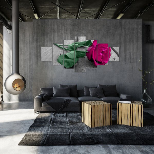 Obraz - Růžová růže se zeleným stonkem (210x100 cm)