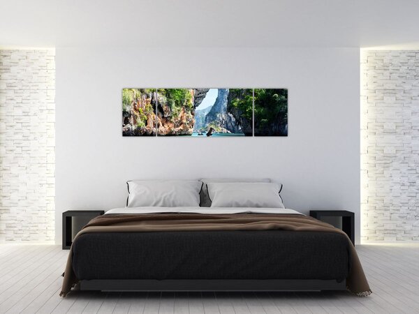Obraz - Vodní středomořská krajina s lodí (170x50 cm)