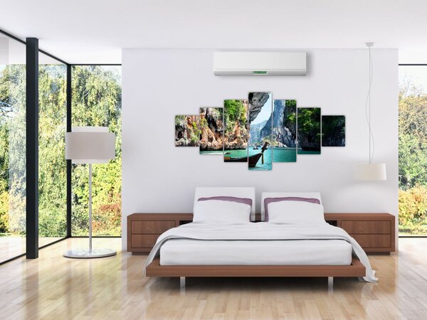 Obraz - Vodní středomořská krajina s lodí (210x100 cm)