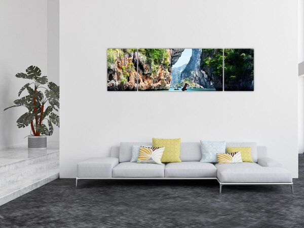 Obraz - Vodní středomořská krajina s lodí (170x50 cm)