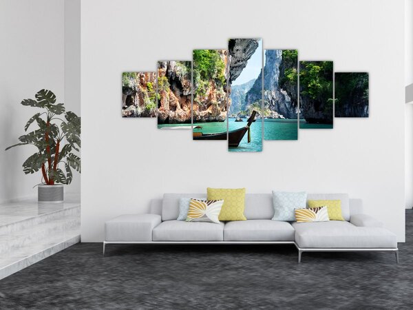 Obraz - Vodní středomořská krajina s lodí (210x100 cm)