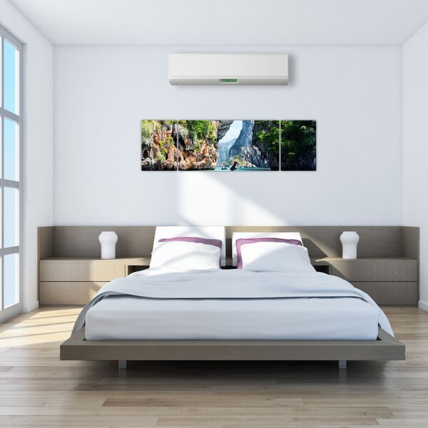 Obraz - Vodní středomořská krajina s lodí (170x50 cm)