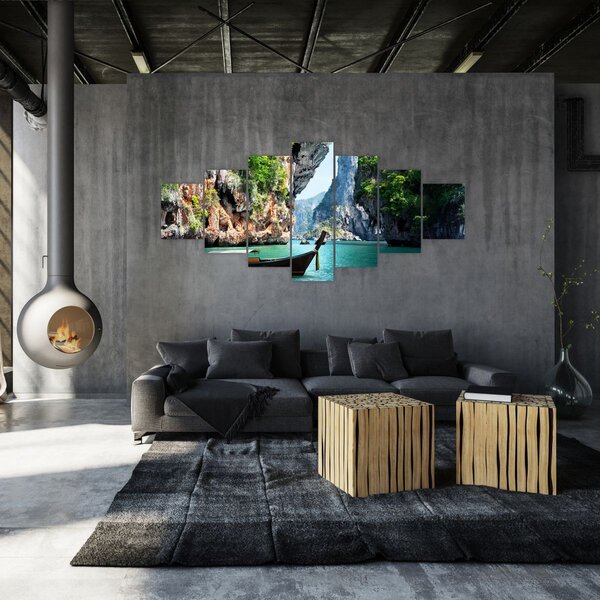 Obraz - Vodní středomořská krajina s lodí (210x100 cm)