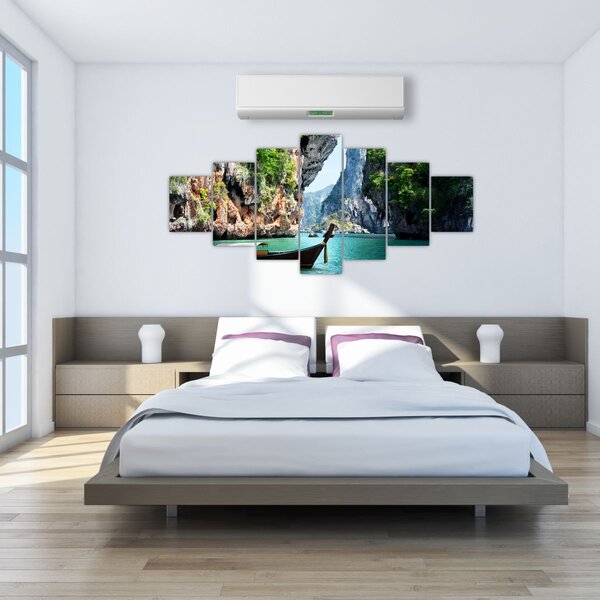 Obraz - Vodní středomořská krajina s lodí (210x100 cm)