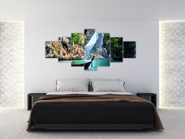 Obraz - Vodní středomořská krajina s lodí (210x100 cm)
