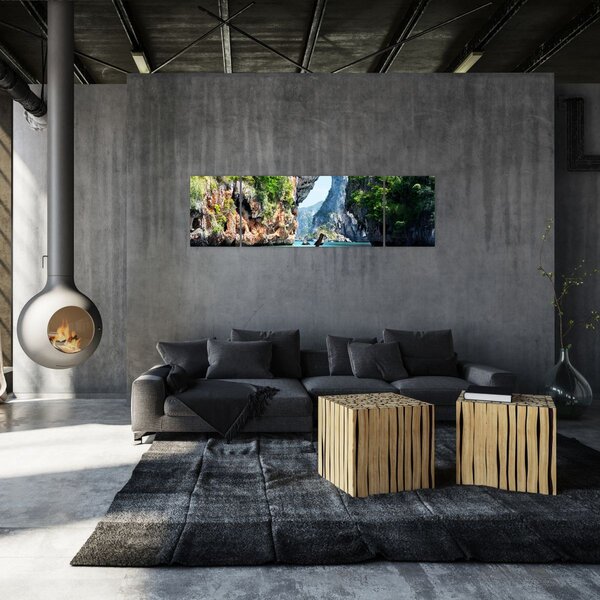 Obraz - Vodní středomořská krajina s lodí (170x50 cm)